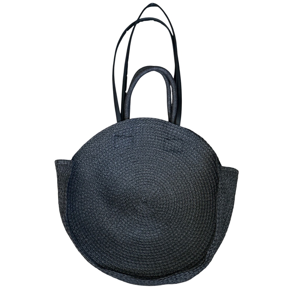Round Circle Straw Beach Tote Bag, Black, Vacation Travel Oversized Minimalist